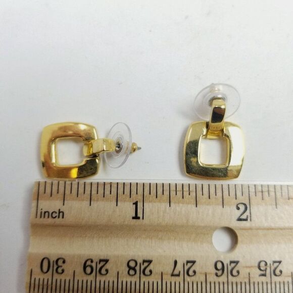 Vintage Anne Klein Gold Tone Square Door Knocker Dangle Stud Earrings, Estate - Picture 3 of 7